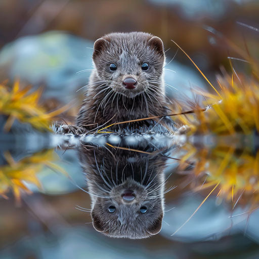 A wild mink peering curiously at its own reflection in a calm, mirror-like mountain lake