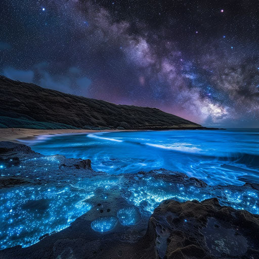 Hanauma Bay at night with starry sky and bioluminescent waves