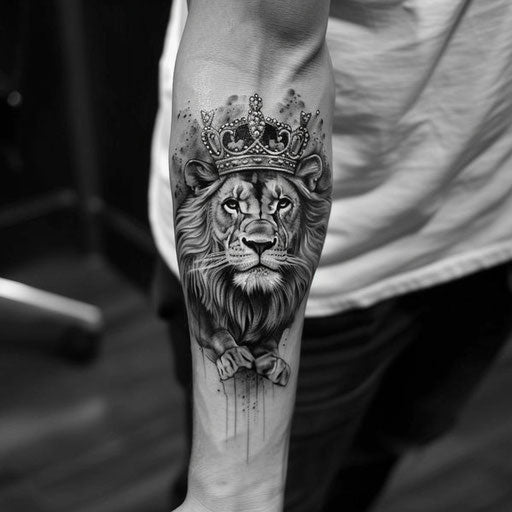 Spiritual tattoos of a lion with crown on the forearm
