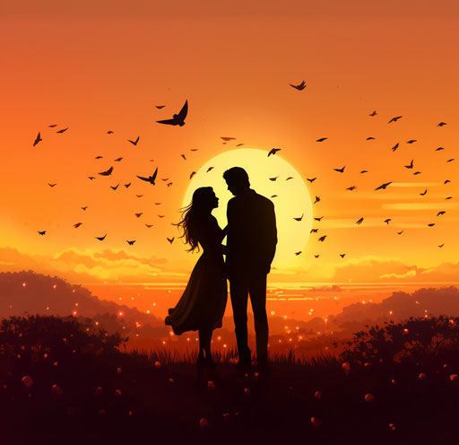 at sunset, loving couple with bird and heart silhouettes