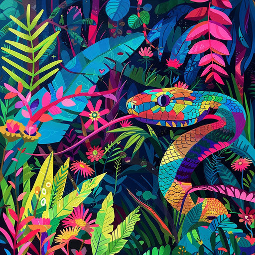 Snake in vibrant rainforest with colorful flora