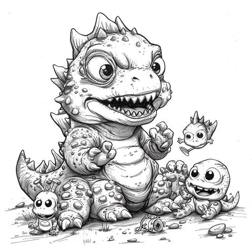 Young Godzilla playing with other baby monsters. Coloring book page