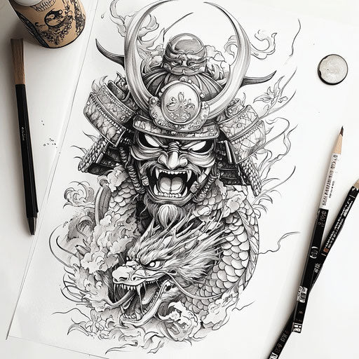 Yakuza tattoo with samurai helmet and fierce dragon