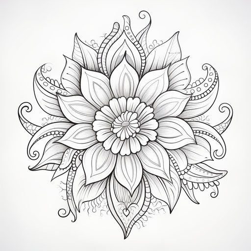 Beautiful henna flower coloring page, ominous vibe style, meticulous inking