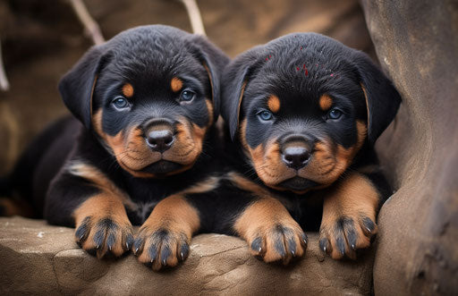 Rottweiler puppies and cats in somber mood style