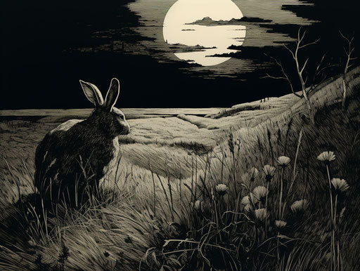 Rabbit sprinting in grassy field, heavy inking style, detailed 4:3