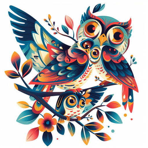 Family of owls on a branch, flat tattoo sketch, whimsical and colorful