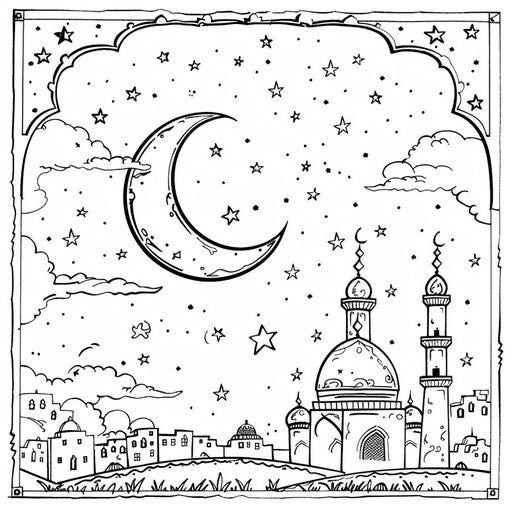 Peaceful Ramadan night with crescent moon and stars