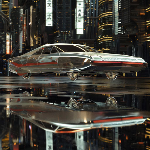 Futuristic 1967 Chevrolet Bel Air with reflective surfaces and hovering capability