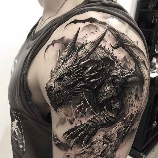 Detailed fantasy dragon and wizard shoulder tattoos