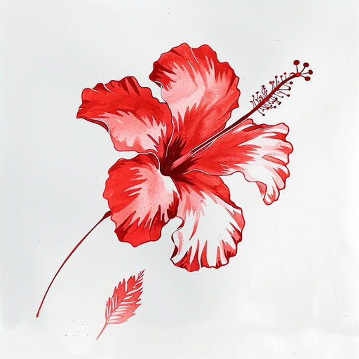 Minimalist hibiscus tattoo in bold red on white background