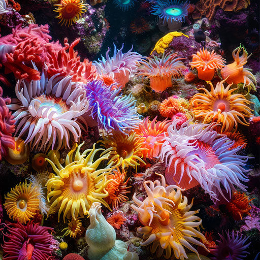 Sea anemone among colorful coral formations