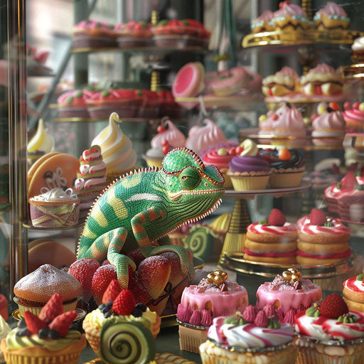 Chameleon in a bakery, blending in with colorful pastries