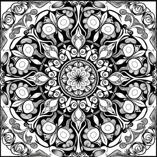 Detailed mandala design with circular patterns. Coloring page
