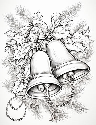 Christmas bells coloring, fresco style, bold black and white, holotone printing, Quito school, wrapped 24:31