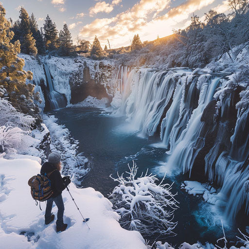 Burney Falls, California, icy winter, in the style of Chris Burkard