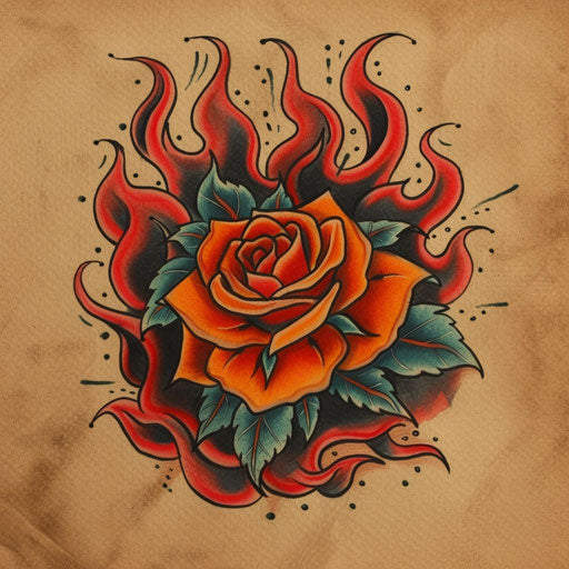 Vibrant sketch of a gypsy rose with energetic flat tattoo flames