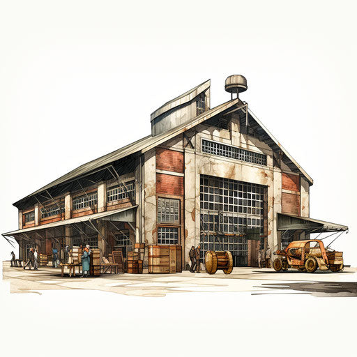 Warehouse in Oil Painting Style on White Background