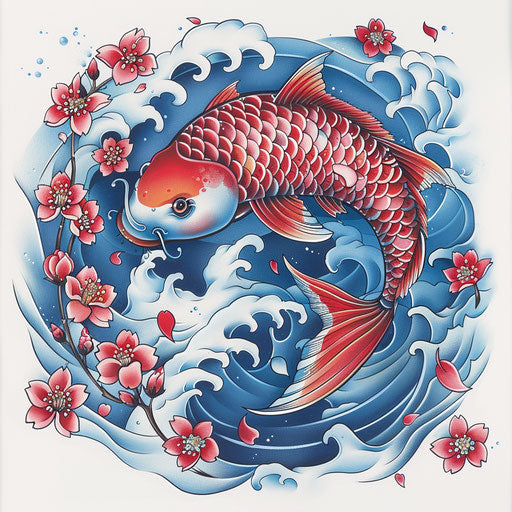 Traditional Japanese koi fish tattoo with waves and cherry blossoms