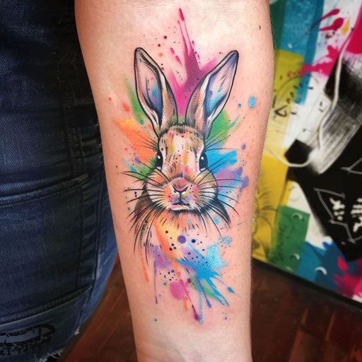 Vibrant bunny sketch with rainbow watercolor splashes