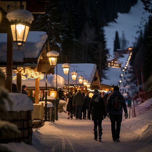 Lamps on the path at the ski resort along which joyful people walk