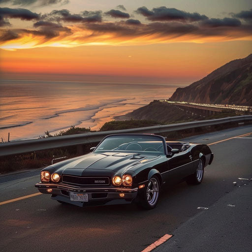 1976 Malibu Classic transformed into a sleek roadster, cruising down Pacific Coast Highway at sunset