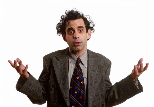 Confused businessman in expensive suit, white background