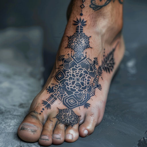 Spiritual tattoos of a sacred geometry pattern, in the style of J.P. Targete, on the foot