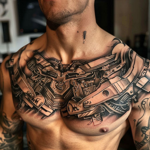 Men's chest tattoo with cybernetic elements