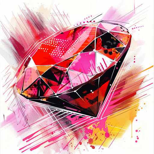 Pop art tattoo sketch of a ruby with bold dots and stripes, in vibrant reds and pinks, clipart style