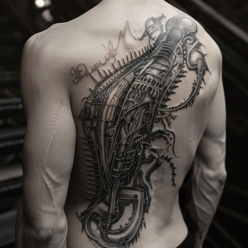 Biomechanical tattoo symbolizing inner strength