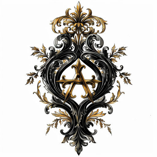 Elegant clipart style tattoo sketch with an anarchy symbol and baroque embellishments, black and gold