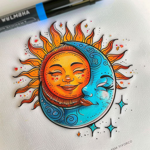 Whimsical tattoo sketch of a smiling sun and winking moon