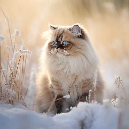 Himalayan cat in a field during snowfall