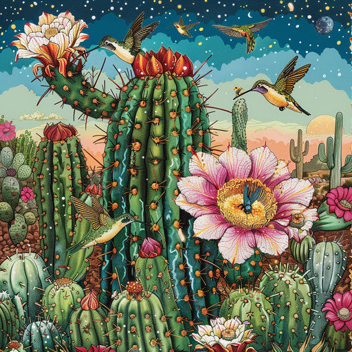 Vibrant scene of a blooming cactus with bees and hummingbirds