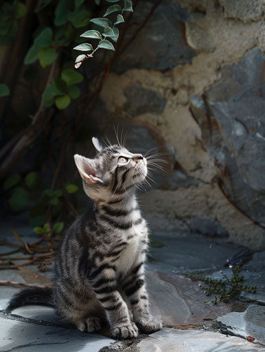 Kitten sitting on stone patio, looking up