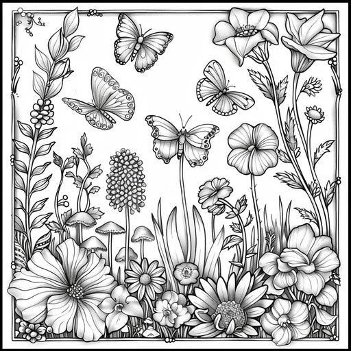 Whimsical garden with flowers and butterflies. Coloring page
