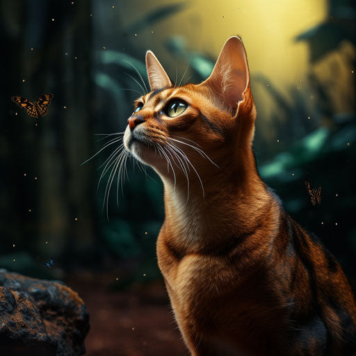 Abyssinian cat staring at an insect