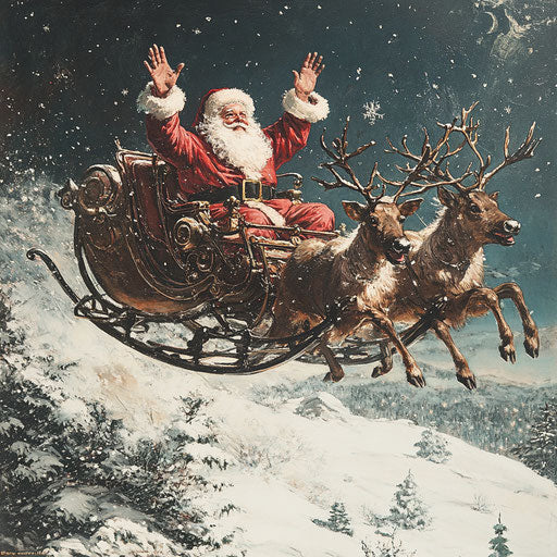 Santa Claus waving from sleigh, proud reindeer in flight
