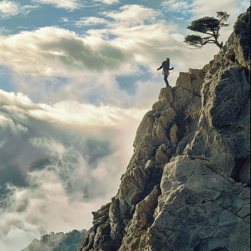 The adventurous climber conquering the rugged peaks of Mount Tamalpais, dramatic clouds overhead