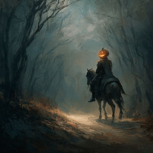 Headless Rider in a Misty Forest with Glowing Pumpkin