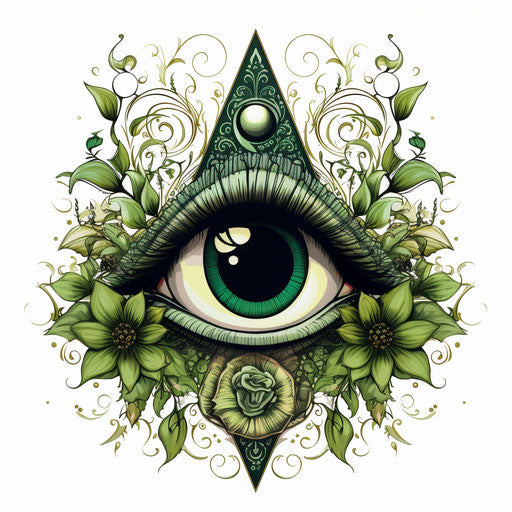 Tiny all seeing eye in black and green, intricate floral style