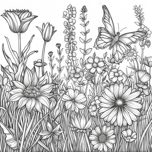 Butterfly garden with various flowers. Coloring book page