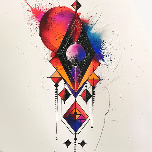 Dynamic and colorful flat tattoo sketch of an obsidian-themed geometric design