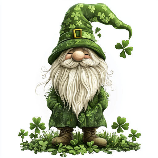 St. Patrick's Day, gnome with hat and clovers around on white background clipart
