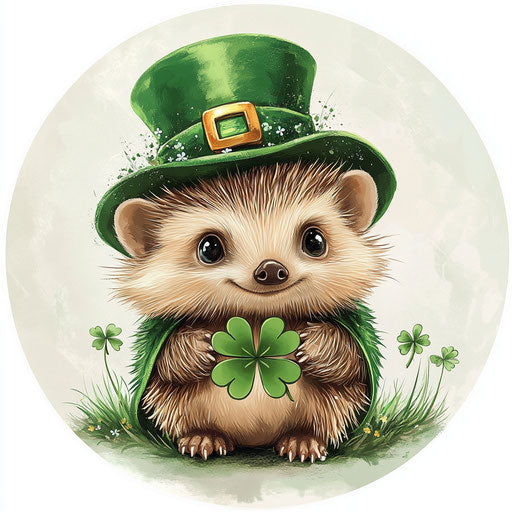 St. Patrick's Day, cute baby hedgehog in green with clover and leprechaun hat, vinyl decal clipart