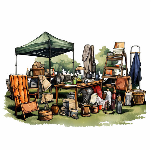 Yard sale clip art in Chiaroscuro Art style, white background