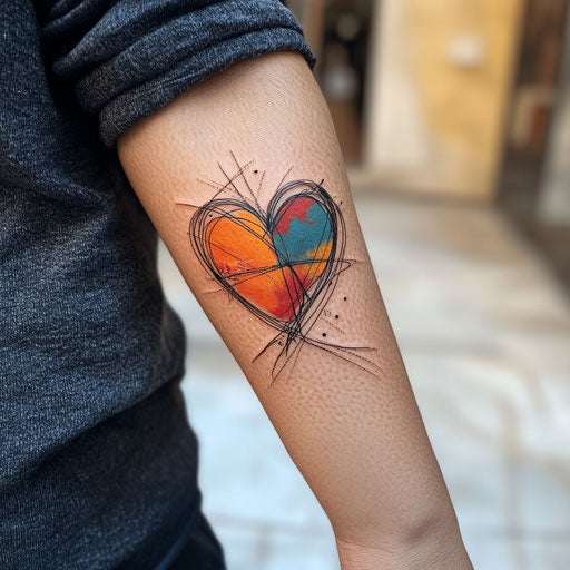 Daughter tattoos with an abstract watercolor heart on the forearm