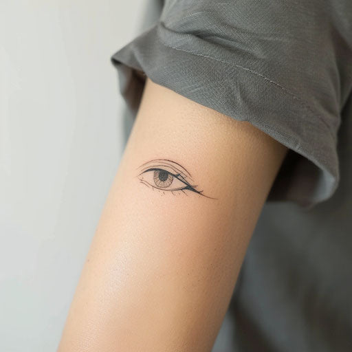 Minimalist small eye tattoo with fine line on white