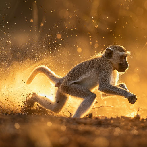 Vervet monkey sprinting in the golden savannah